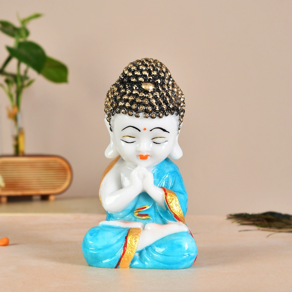 Buddha Idol figurine Home Decor and Gift (Polyresin, White-Blue)