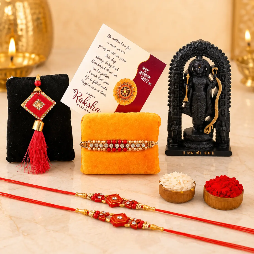 Raksha Bandhan Gift Set:- Premium Raksha Bandhan Rakhi Gift Combo, Metal Ram Lalla Idol, 4 Designer Rakhi, Greeting Card and Roli Chawal