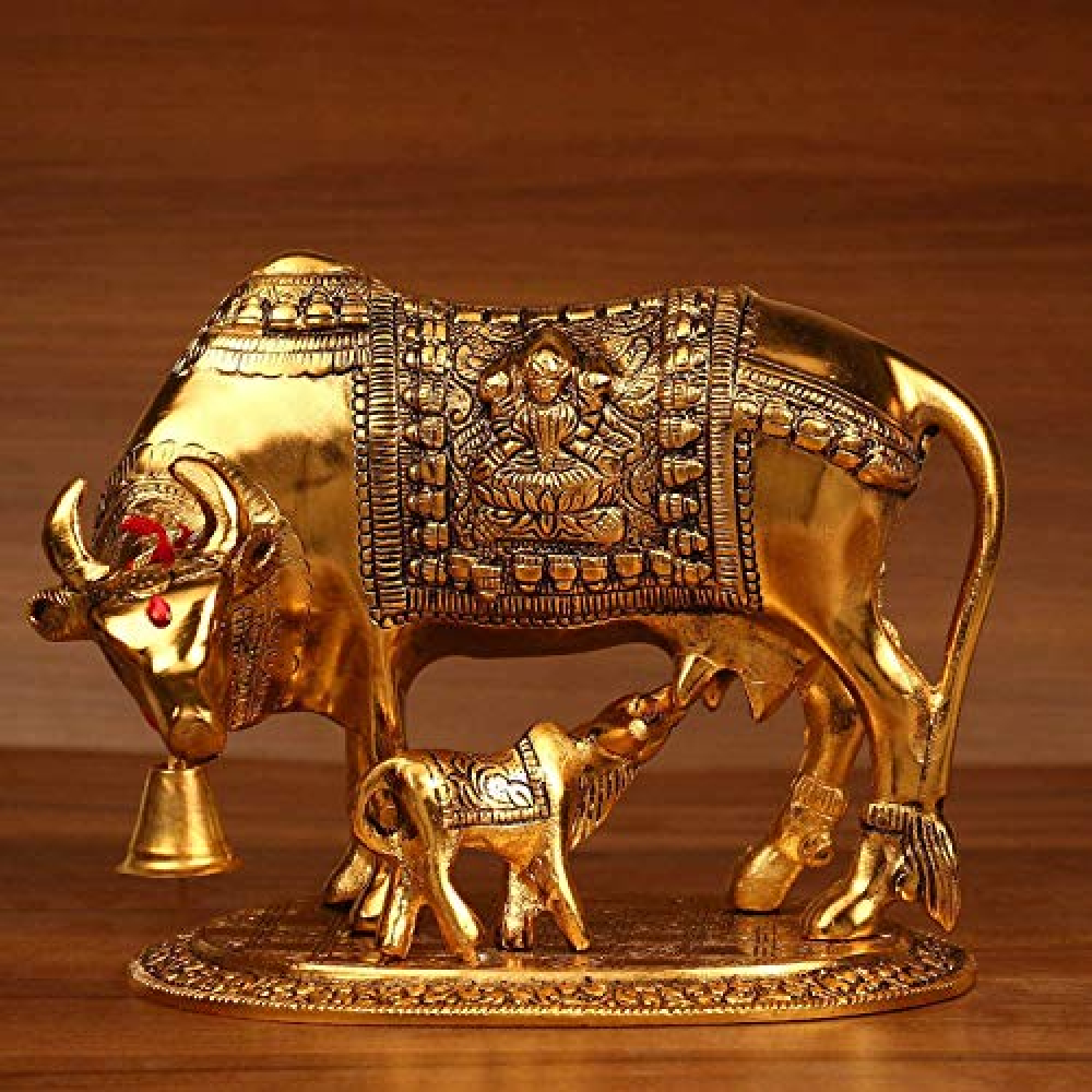 Craftam Big Size, Large Elegant Kamdhenu Cow and Calf Oxidized Metal Statue (Size LWH : 20X13X16 cm Weight 800 Gram)