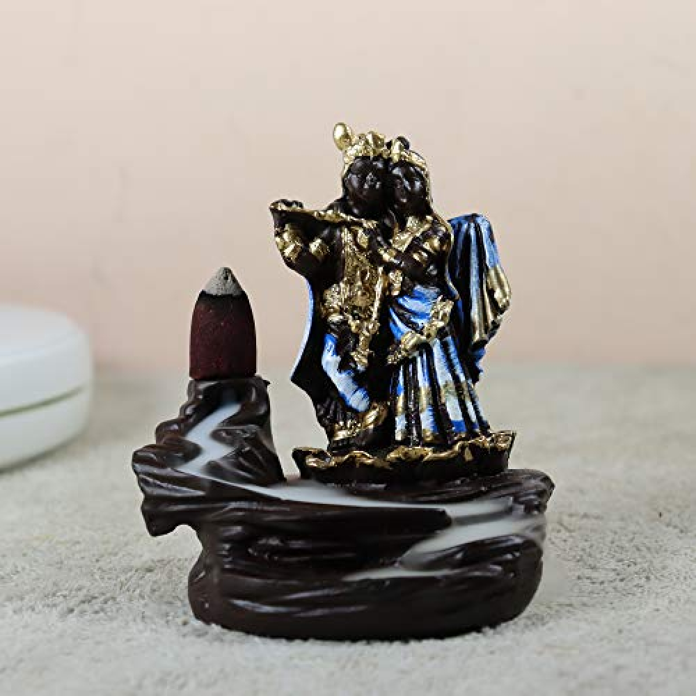 Polyresin Smoke Backflow Fountain Like Waterfall Radha Krishna Incense Holder Decorative Showpiece Gift with Free 10 Scented Cone Incenses (Blue)