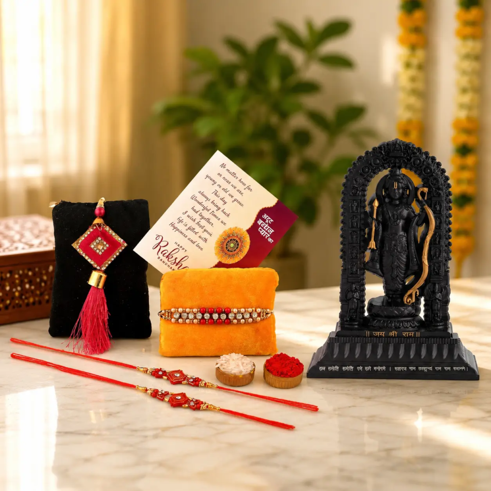 Premium Rakhi Gift Set for Bhaiya Bhabhi & Kids | 4 Designer Rakhi, Roli Chawal Pack, Greeting Card & Decorative Ram Darbar Idol | Raksha Bandhan Gift Hamper for Family