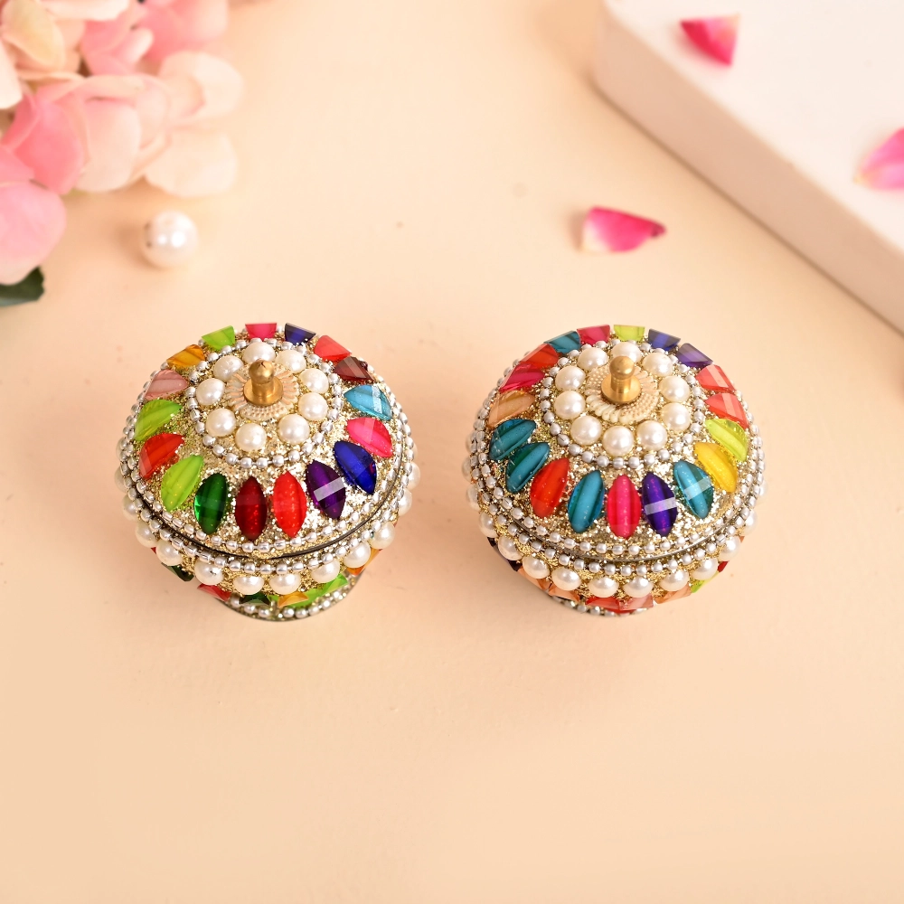Metal Sindoor Dabbi (2 Pcs Set) – Decorative Kumkum Box / Haldi Roli Chawal Box for Pooja & Gifting