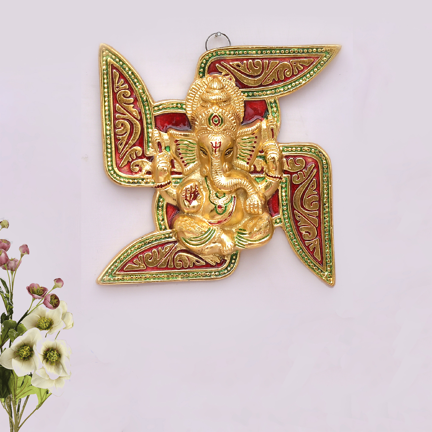 Craftam Alloy Metal Lord Ganesha Swastika Wall Hanging Showpiece Figurine | Metal Handcrafted Decorative Showpiece for Wall Décor, Wall Hangings, Home Décor, Diwali Décor – Gold