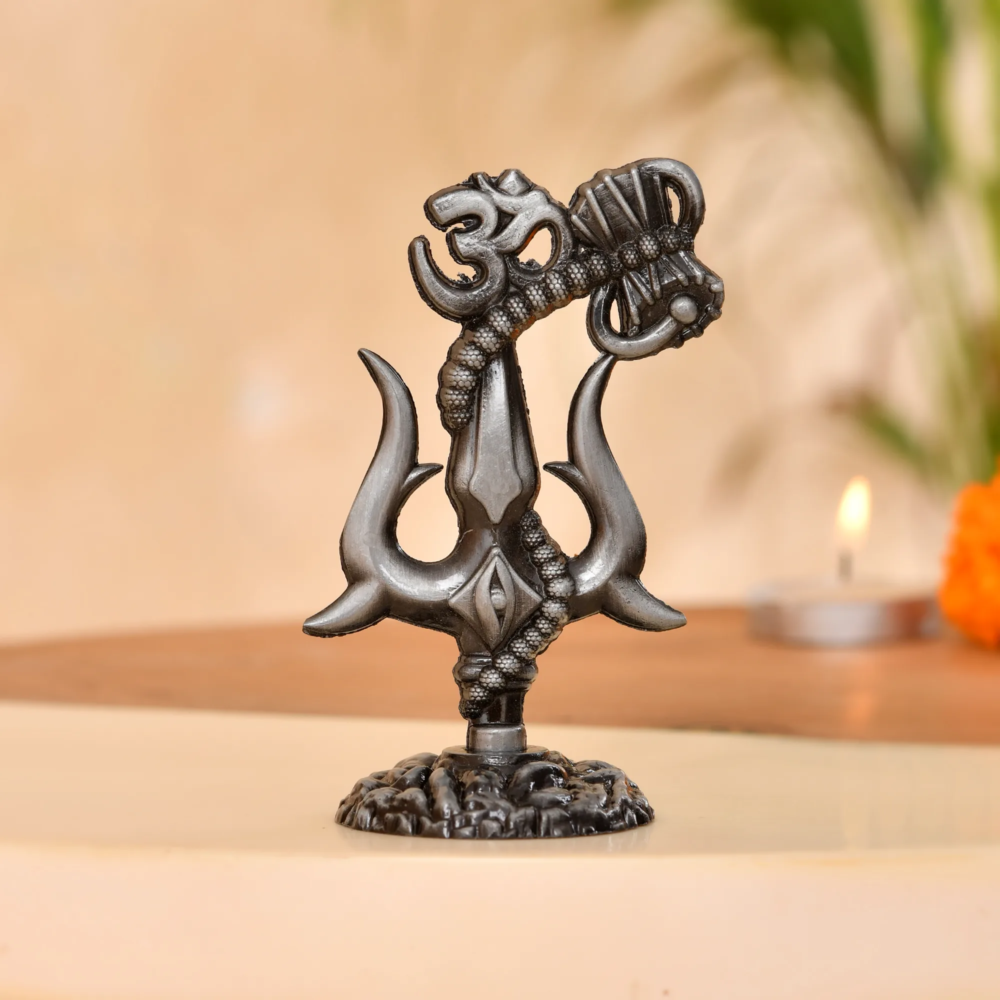 Metal Mini Shiv Trishul for Car Dasboard with Om Damru, Decorative Shiv Trishul Idol for Car Dashboard, Home Temple, Office Desk, Antique Finish Spiritual Dashboard Accessory (4x4x9 cm, Silver)