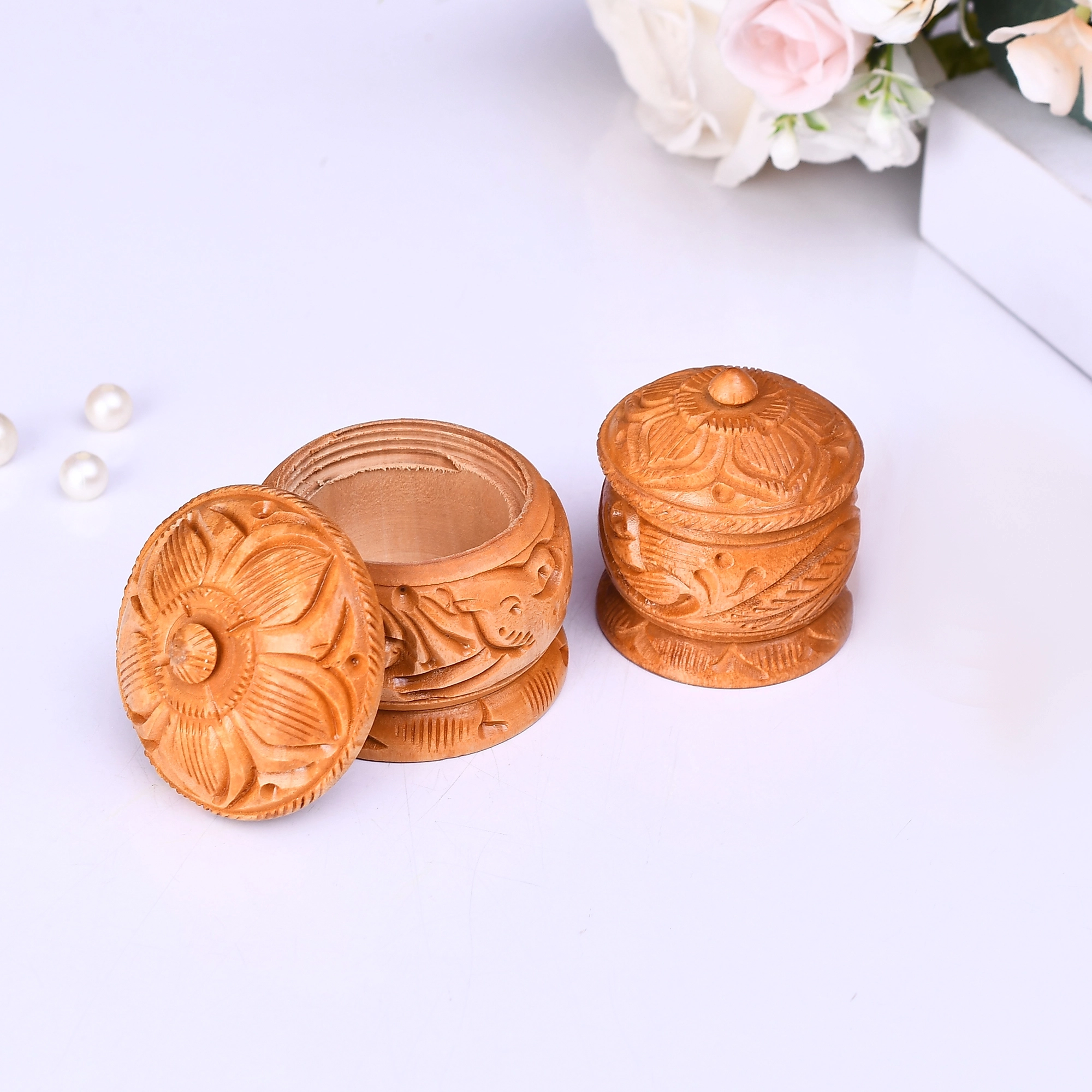 Craftam  Handcraft Wooden Sindoor Dani Kumkum Box Wedding Return Gifts for Women (Size 2 Inch, Set of 2 Pcs)