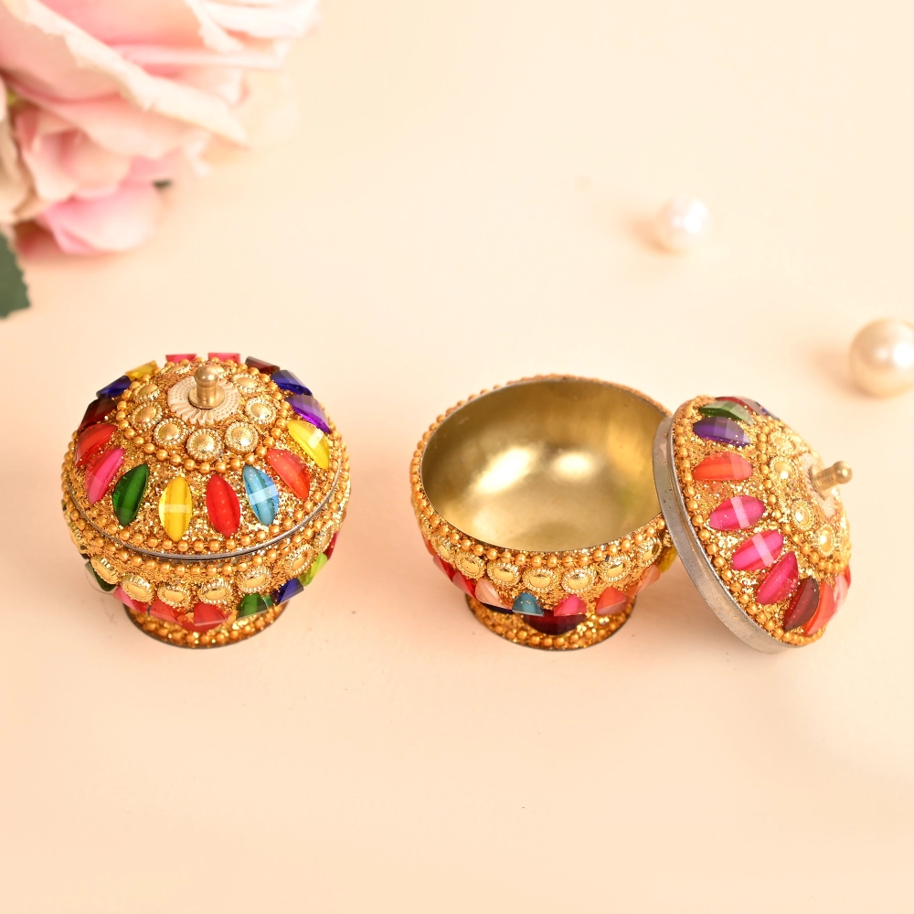 Metal Kumkum Dabbi (2 Pcs Set) – Decorative Sindoor Dabbi / Haldi Roli Chawal Box for Pooja & Gifting
