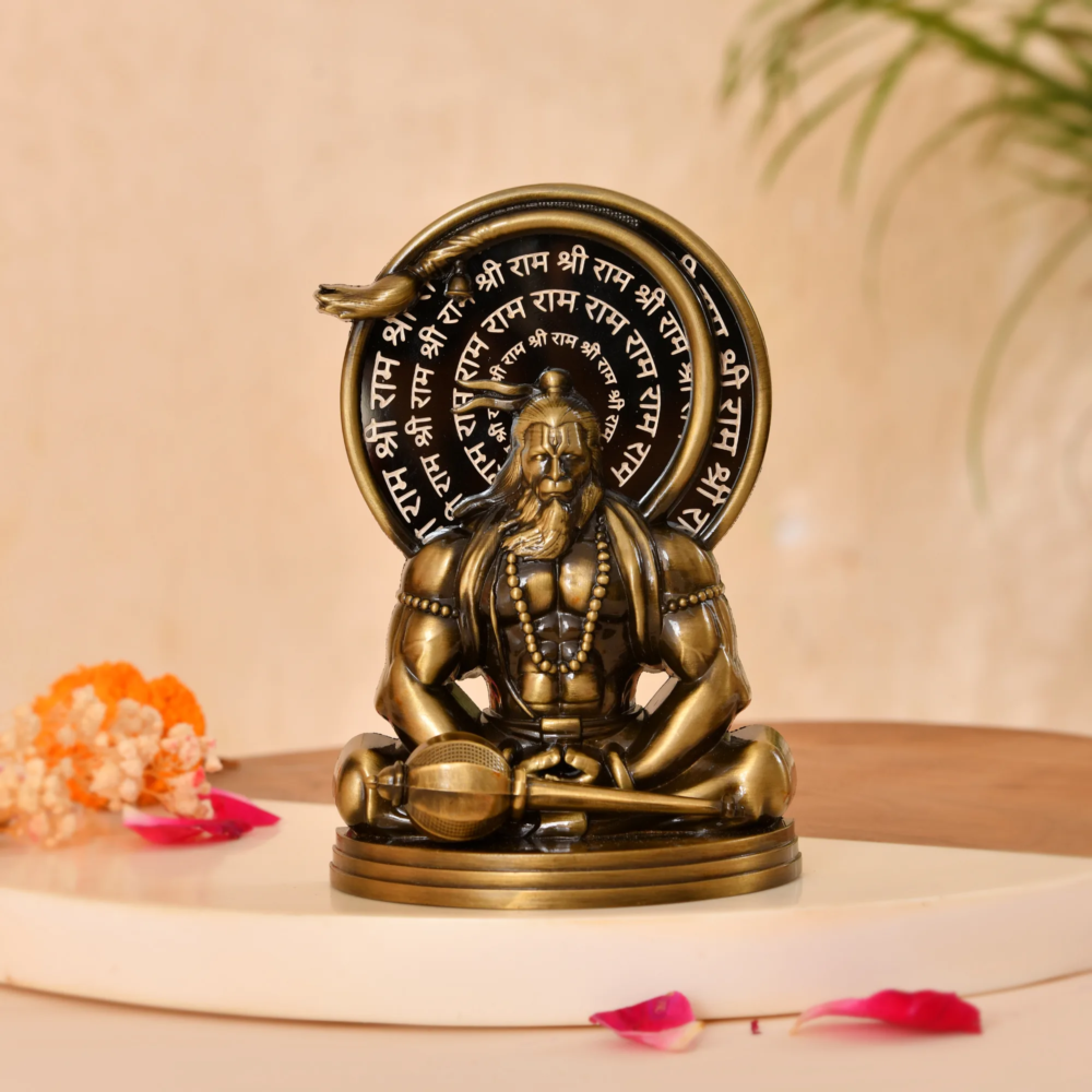 Metal Hanuman Idol for Home, Meditating Lord Hanuman Murti with Shri Ram Mantra Backdrop | Antique Finish Religious Showpiece for Pooja Room, Office & Gift(9x4x13.5 CM, 260 Gram)