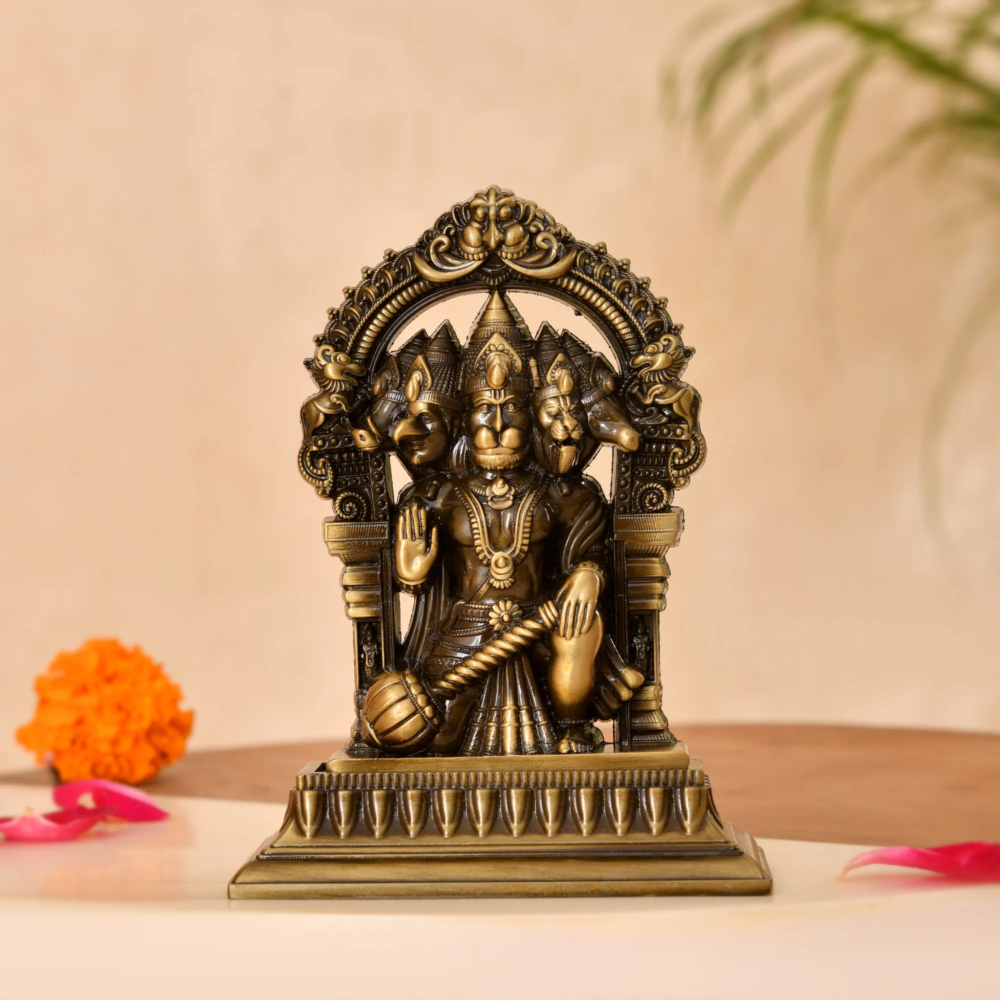 Metal Panchmukhi Hanuman Murti for Home Decor & Pooja Room, Antique Finish Hanuman Statue, Hindu Religious Murti for Temple, Office, Living Room & Gift (13×4.5×10 cm, 185g)