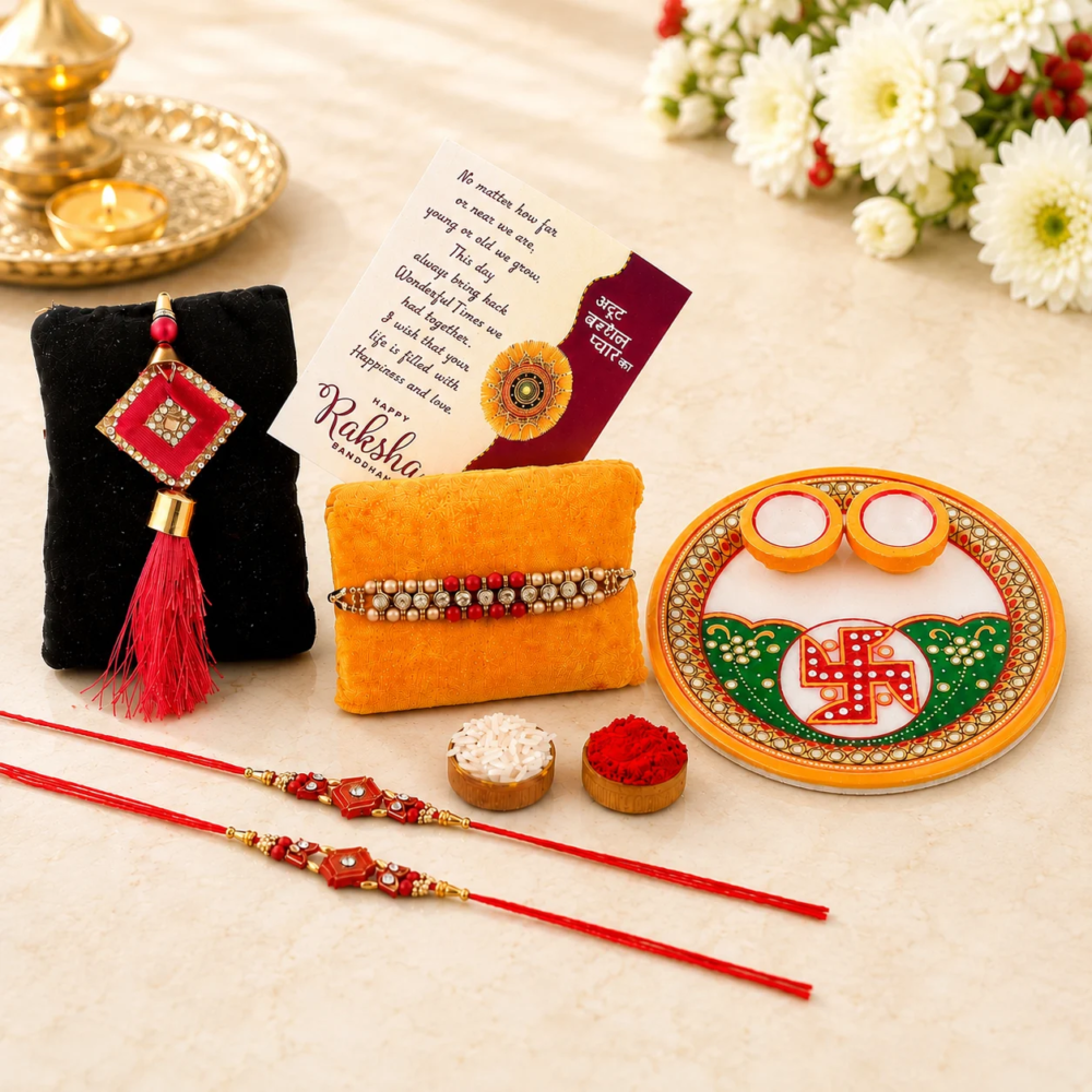 Premium Rakhi Gift Set with Handcrafted Marble Thali, 4 Designer Rakhi for Bhaiya Bhabhi & Kids with Roli Chawal, Greeting Card