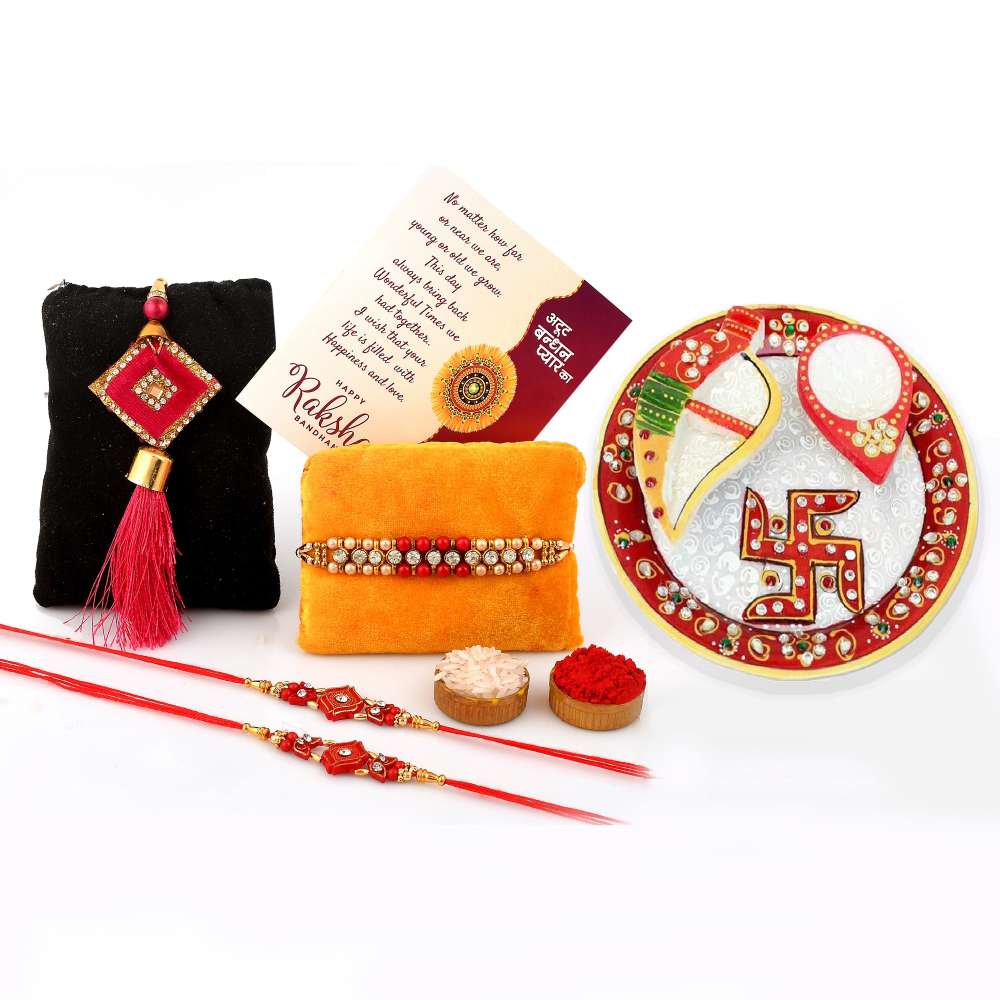 CRAFTAM Rakhi Gifts for Brother Combo Set- Marble Pooja Thali, Raksha Bandhan Greeting, Roli Rice Pack and 4 Rakhi (for Bhaiya, Bhabi and 2 Children)