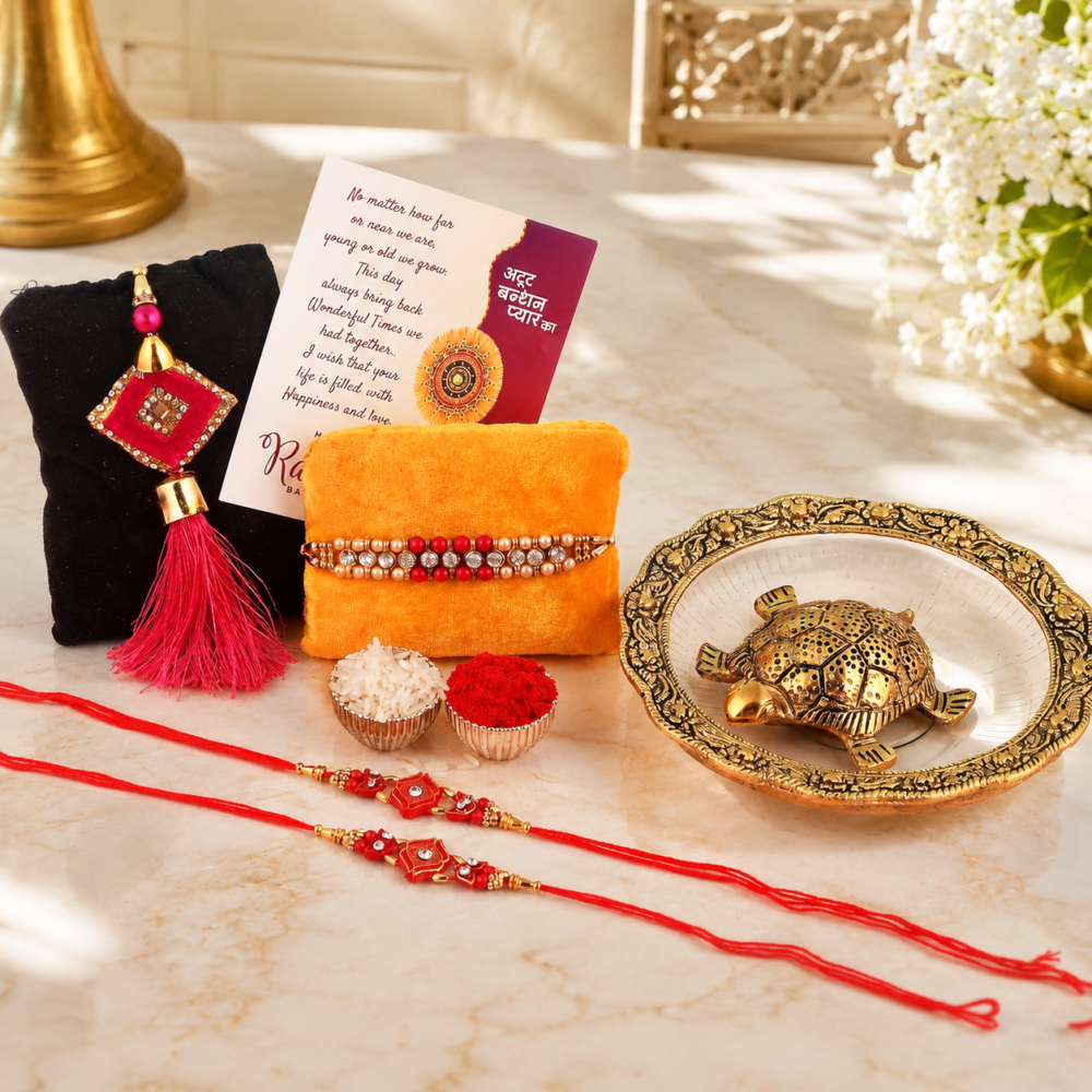 Rakhi Gifts Combo Set- Tortoise On Glass Plate, Raksha Bandhan Greeting , Roli Rice Pack and 4 Rakhi Set for Bhaiya , Bhabi and 2 Children