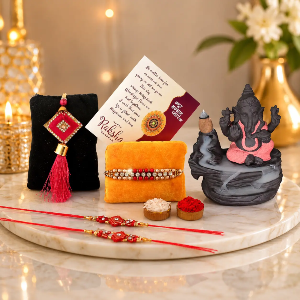Rakhi Gifts for Brother Combo Set- Smoke Backflow Ganesha with 10 Cones, Raksha Bandhan Greeting , Roli Rice Pack and 4 Rakhi Set for Bhaiya , Bhabi and 2 Children