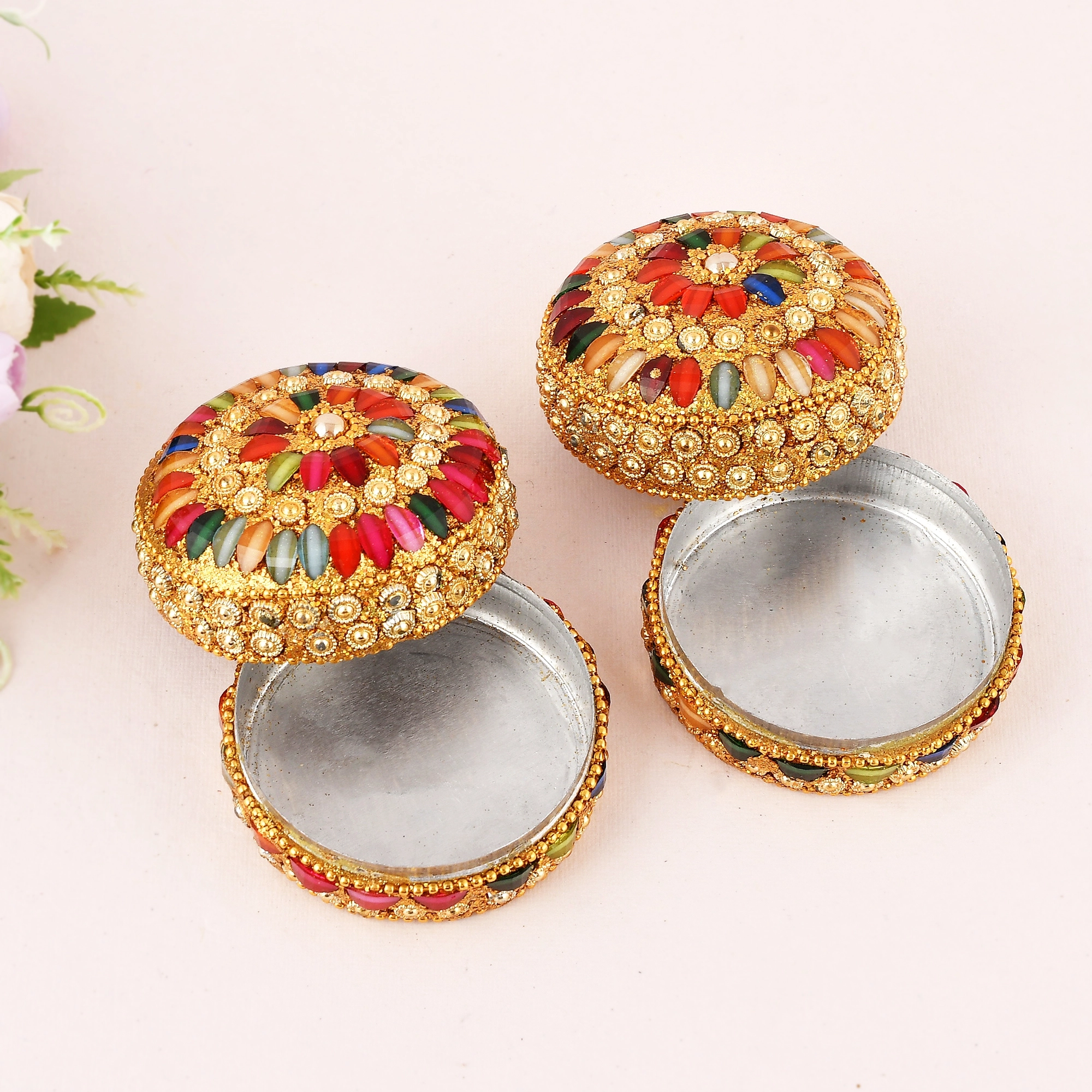 Craftam Decorative Jewelry Dibbi, Vanity Box, Sindoor Dabbi, Kumkum Box for Wedding ((Pack of 2)
