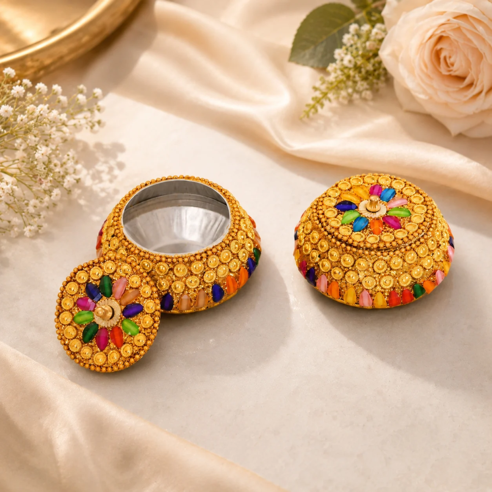 Handmade Jewellery Box for women, Kumkum, Sindoor, Jewelry Storage, Return Gifts, Golden Metal Vanity Box for Home Decor, Festive Gifting (Set of 2)