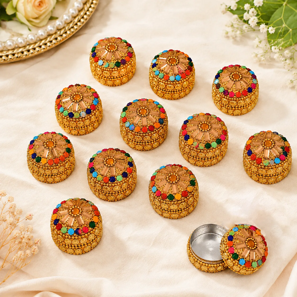Decorative Sindoor Box, Pearl and Kundan Style Kumkum Box, Return Gifts for Pooja, Wedding Gifts, Haldi Kumkum, Home Decor (Set of 12)