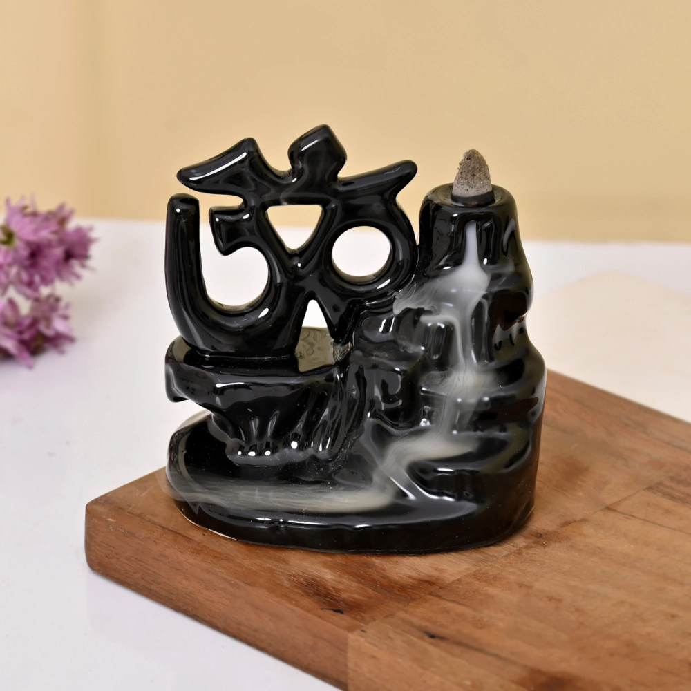 Ceramic Om Shape Backflow Cone Incense Burner for Home Decor, Gifts with 30 Smoke Cones