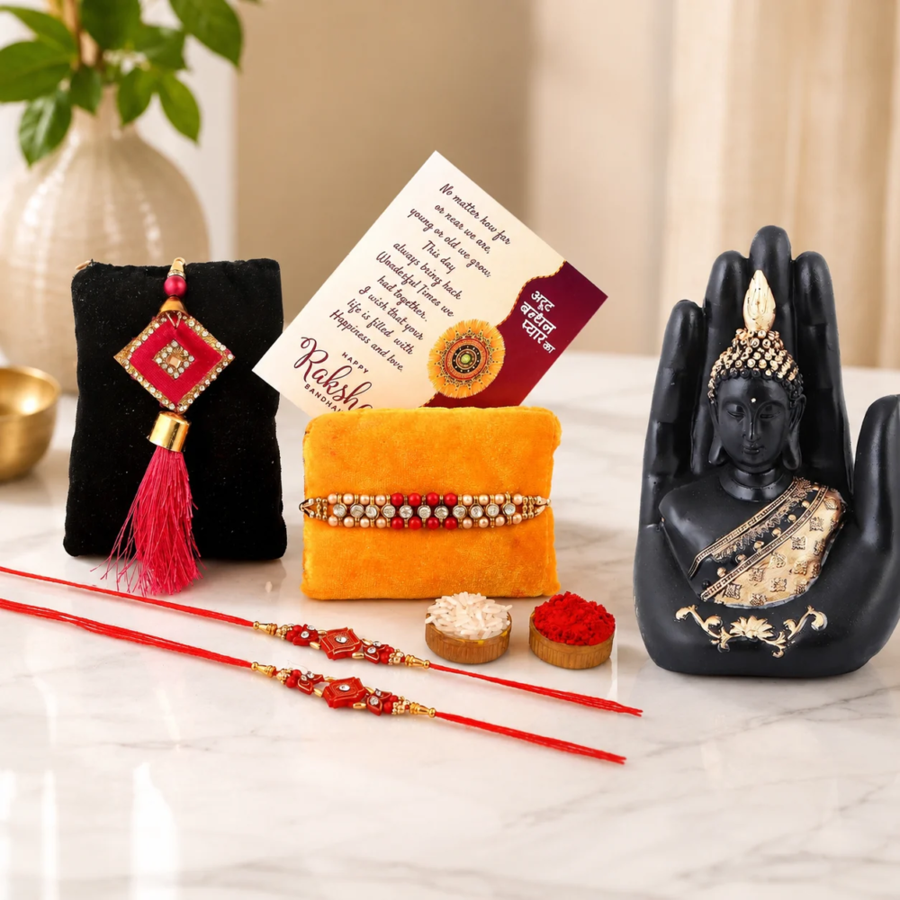 Rakhi Gifts for Brothers- Resin Buddha Idol with 4 Rakhi Gift Set, Raksha Bandhan Greeting Card, Roli Chawal Pack & Decorative Cushion &ndash; Brother Rakhi Gift Combo, Black & Gold Buddha Showpiece (10 x 7 x 16 cm)